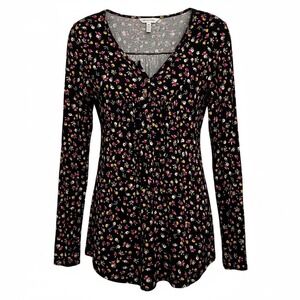 Aodemo Womens Black Floral Long Sleeve V Neck Button‎ Front Tunic Top Size M
